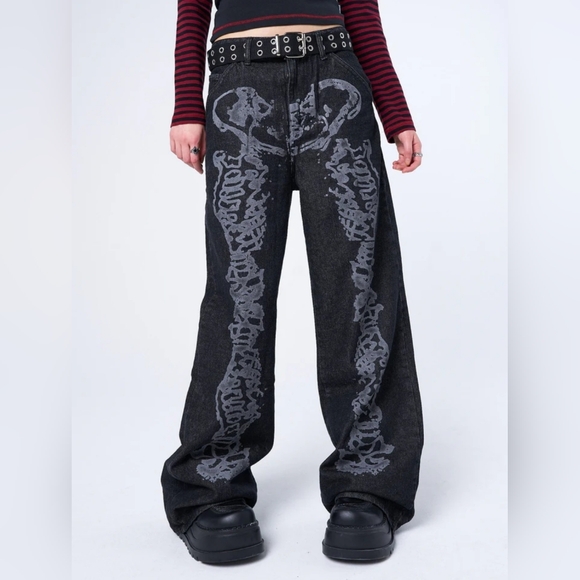 Minga London Bones Black Washed Denim Jeans Skeleton Print Wide Baggy Leg SZ 36 - Picture 2 of 16